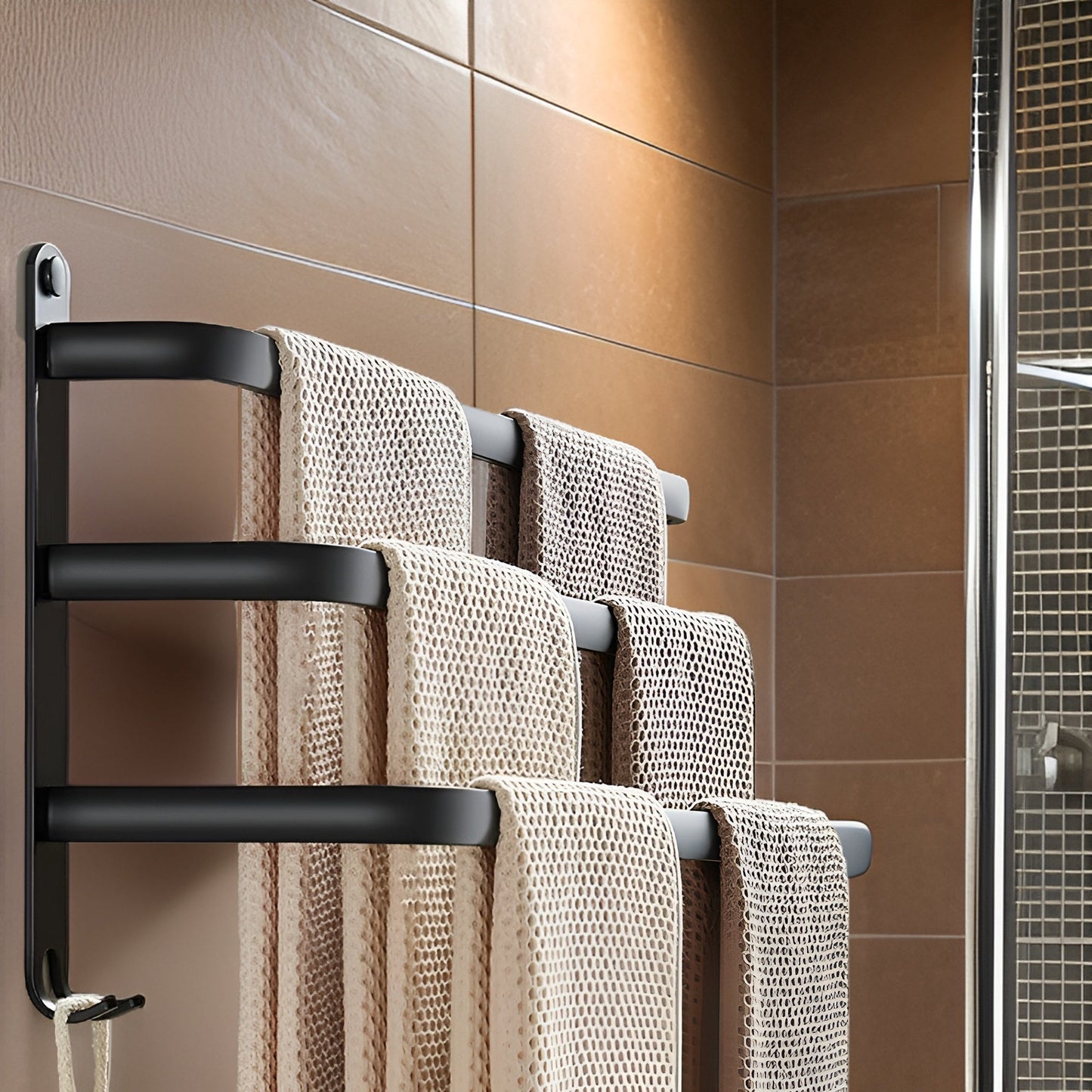 Niki | Aluminum 3-Bar Towel Rack - Black, Drill-Free Wall Mount