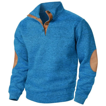 Men's Button Neck Sweatshirt with Suede Patch Details