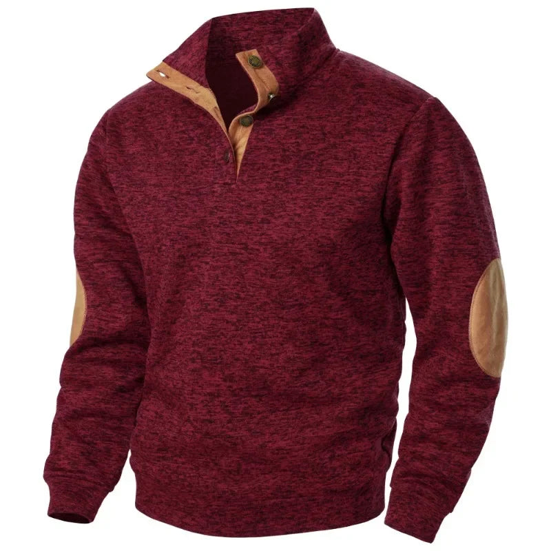 Men's Button Neck Sweatshirt with Suede Patch Details
