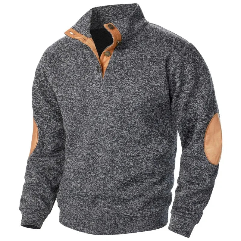 Men's Button Neck Sweatshirt with Suede Patch Details