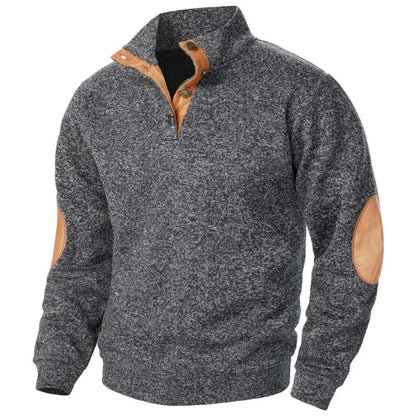 Men's Button Neck Sweatshirt with Suede Patch Details