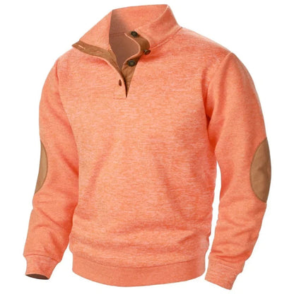 Men's Button Neck Sweatshirt with Suede Patch Details