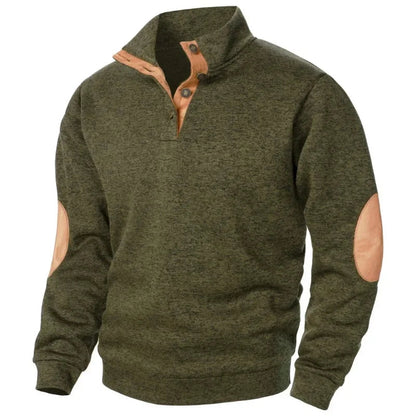 Men's Button Neck Sweatshirt with Suede Patch Details