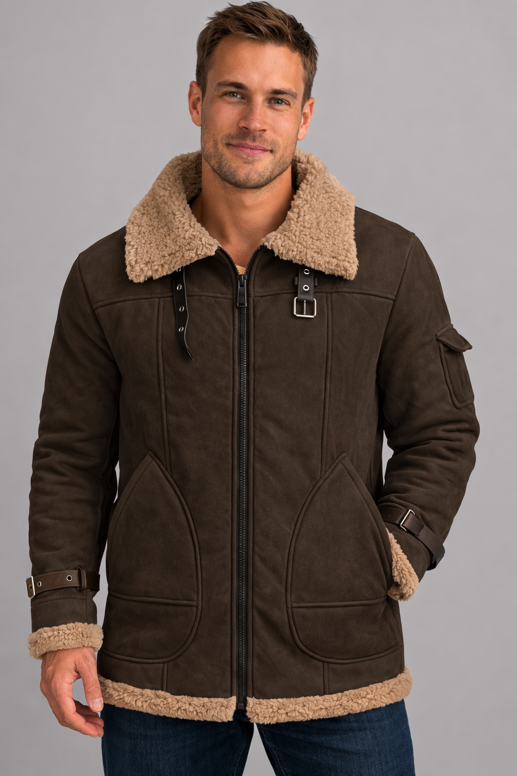 Men's Cozy Shearling Lined Aviator Jacket