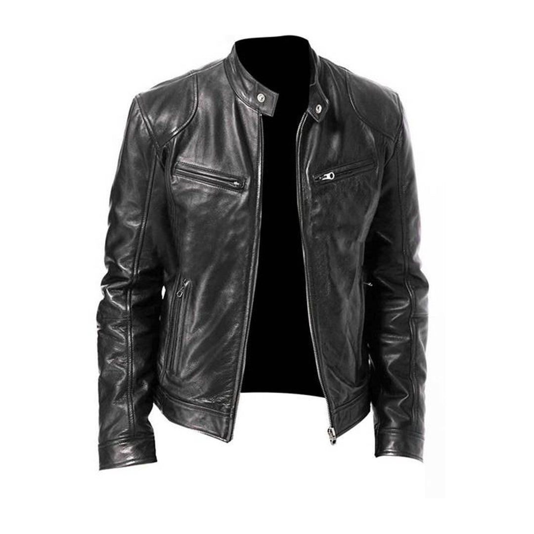 Men's Leather Jacket - Stand Collar Full Zip