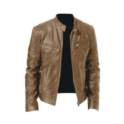 Men's Leather Jacket - Stand Collar Full Zip