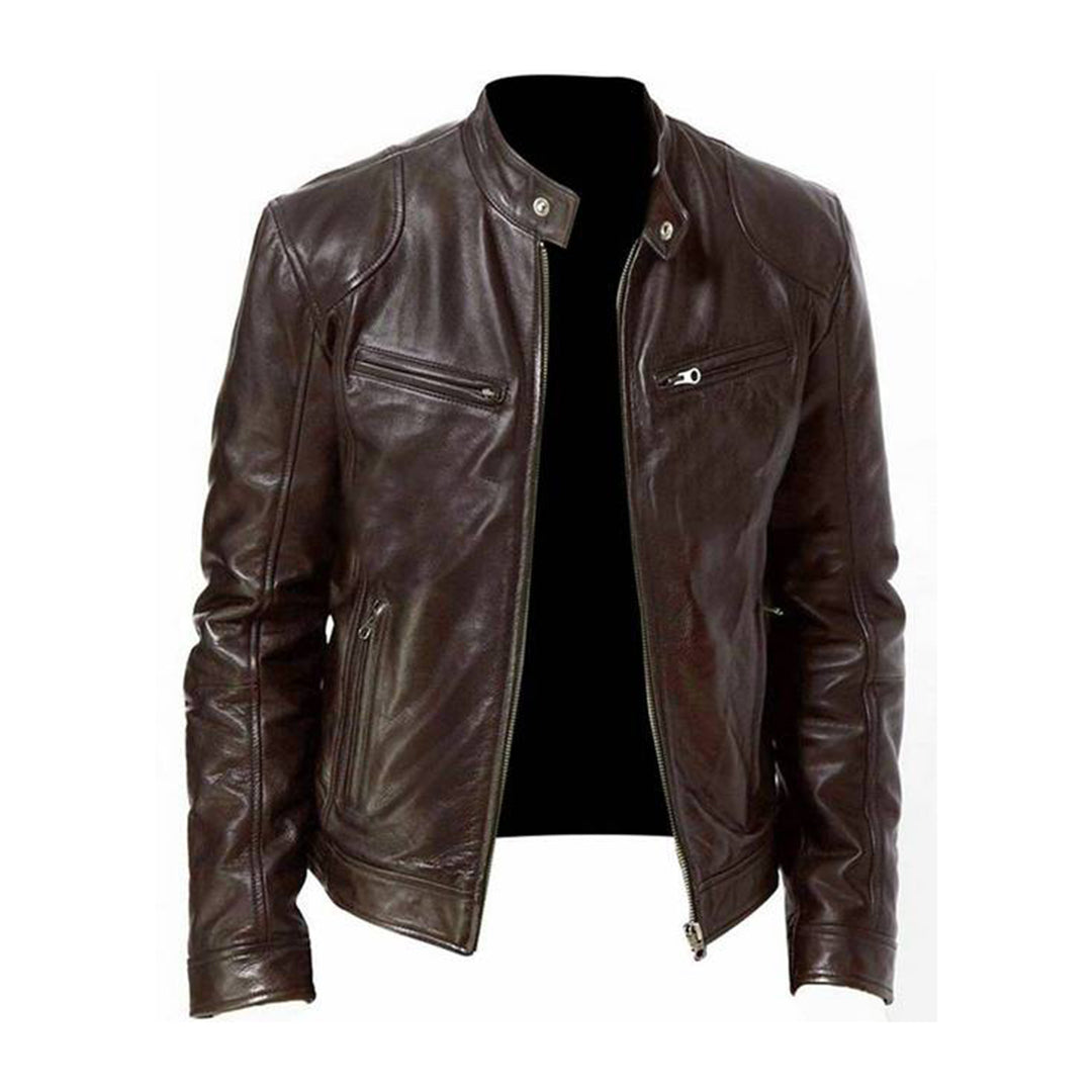 Men's Leather Jacket - Stand Collar Full Zip