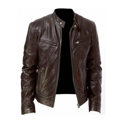 Men's Leather Jacket - Stand Collar Full Zip
