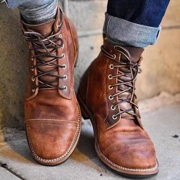 Distressed Leather Lace-Up Ankle Boots