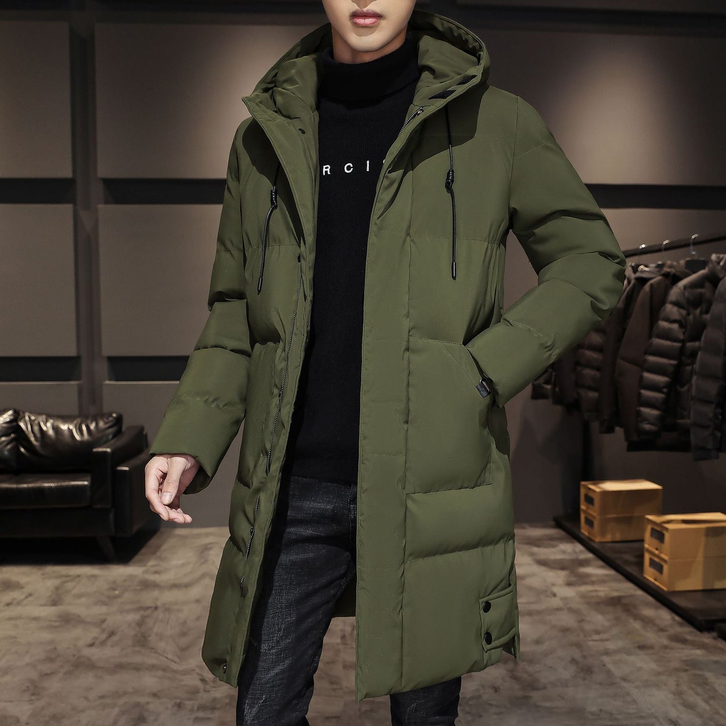 Men's Insulated Long Puffer Coat with Hood