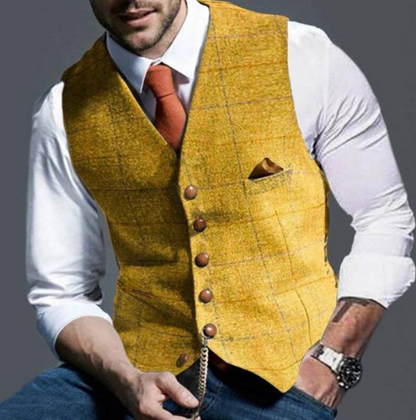 Button-Front Plaid Patterned Sleeveless Jacket