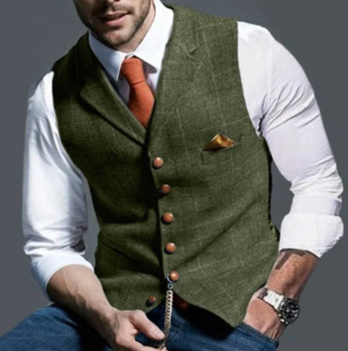 Button-Front Plaid Patterned Sleeveless Jacket