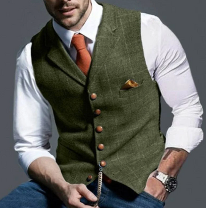 Button-Front Plaid Patterned Sleeveless Jacket