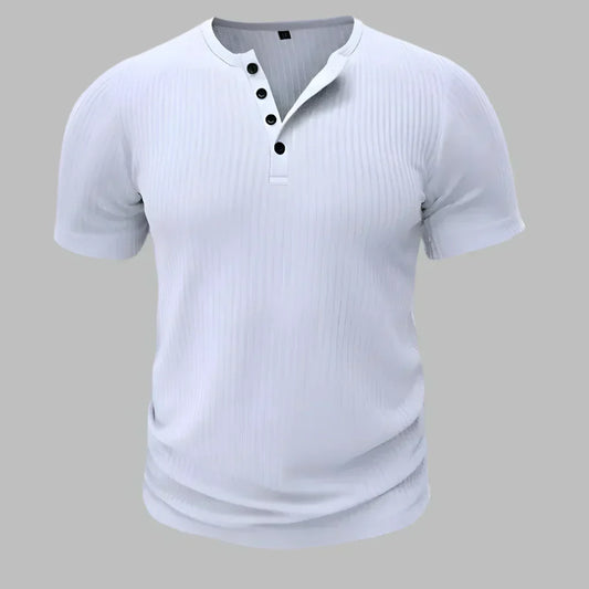 Ribbed Henley Button Neck T-Shirt