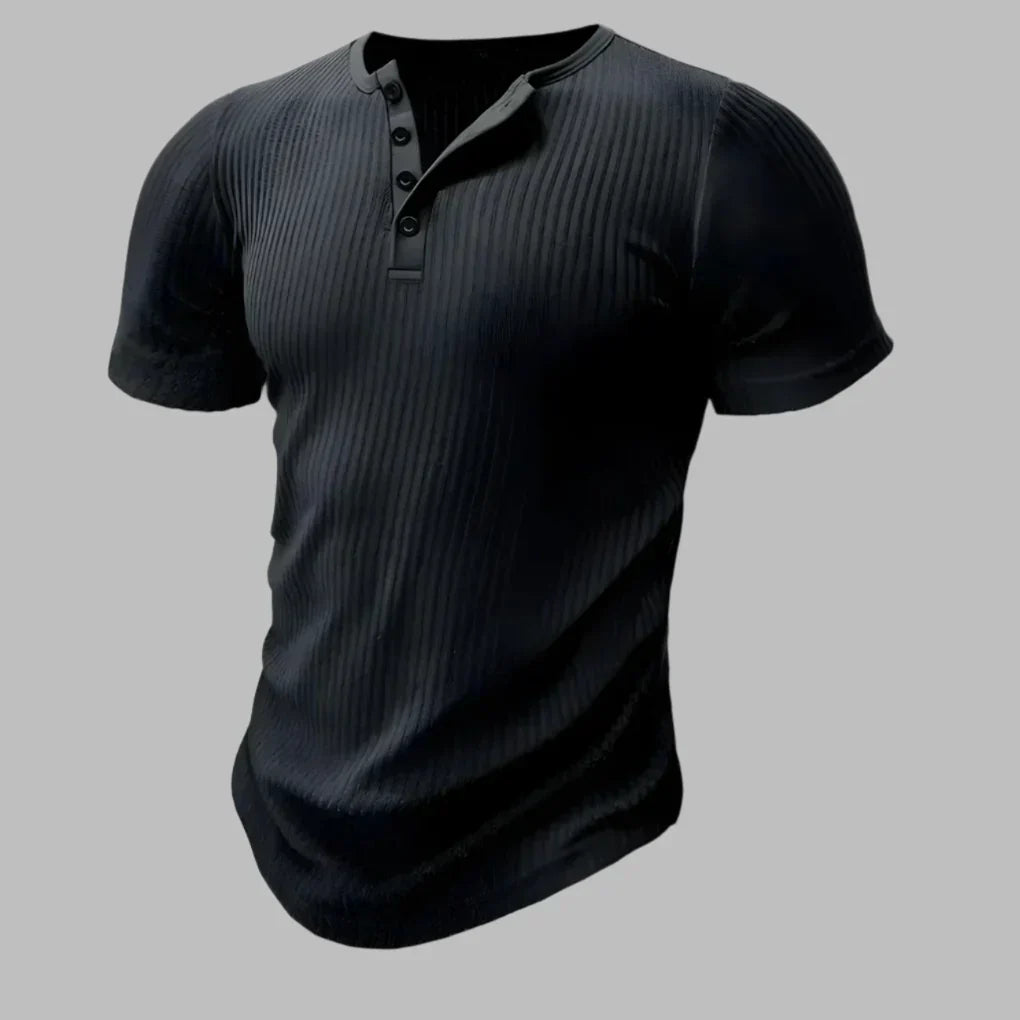Ribbed Henley Button Neck T-Shirt
