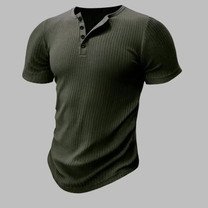 Ribbed Henley Button Neck T-Shirt