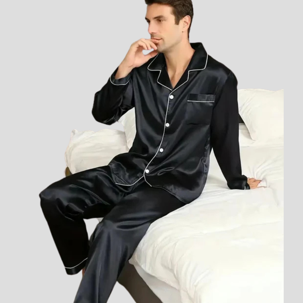 Mens Satin Pajama Set with Classic Piping