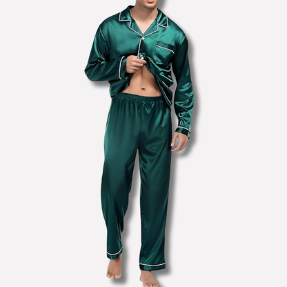 Mens Satin Pajama Set with Classic Piping