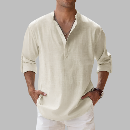 Men's Linen Band Collar Shirt