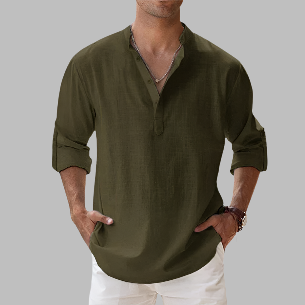 Men's Linen Band Collar Shirt