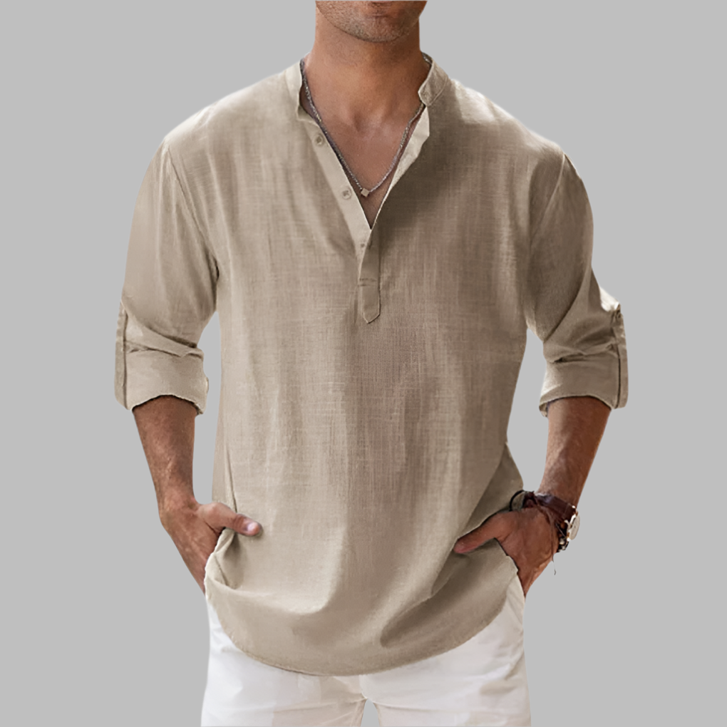 Men's Linen Band Collar Shirt