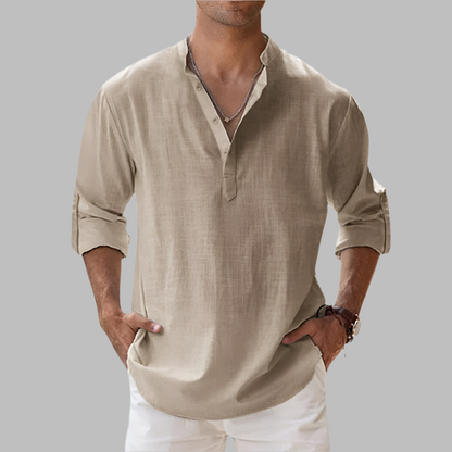 Men's Linen Band Collar Shirt