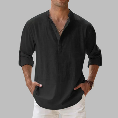 Men's Linen Band Collar Shirt