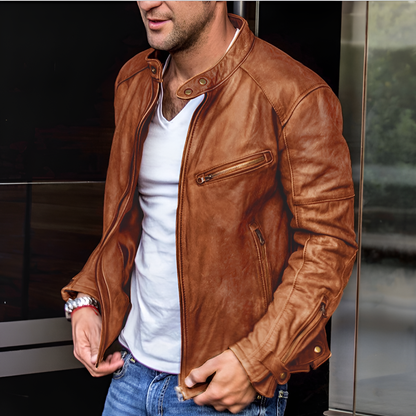 Men's Water-Resistant Zippered Leather Jacket