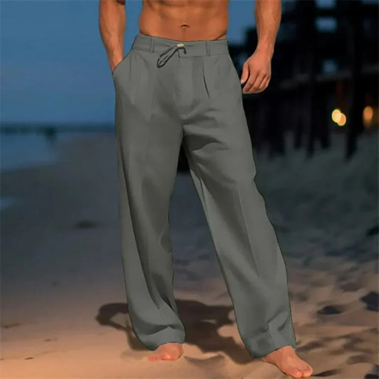 Men's Pleated Linen Blend Relaxed Fit Trousers