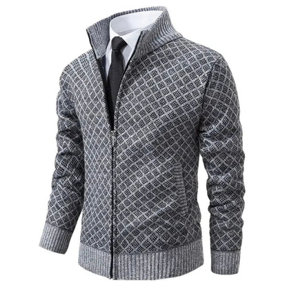 Geometric Zip-Front Knit Cardigan Sweater