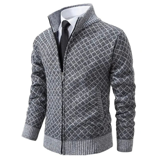 Geometric Zip-Front Knit Cardigan Sweater