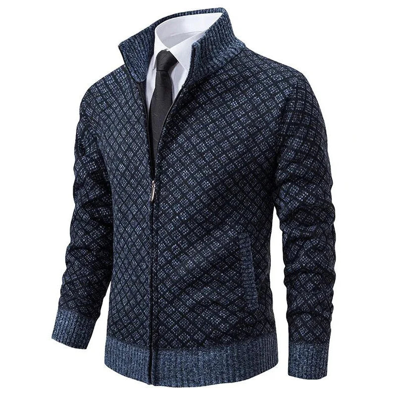 Geometric Zip-Front Knit Cardigan Sweater