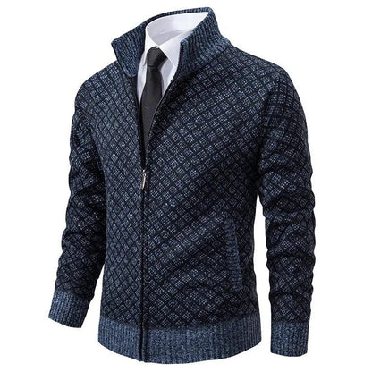 Geometric Zip-Front Knit Cardigan Sweater