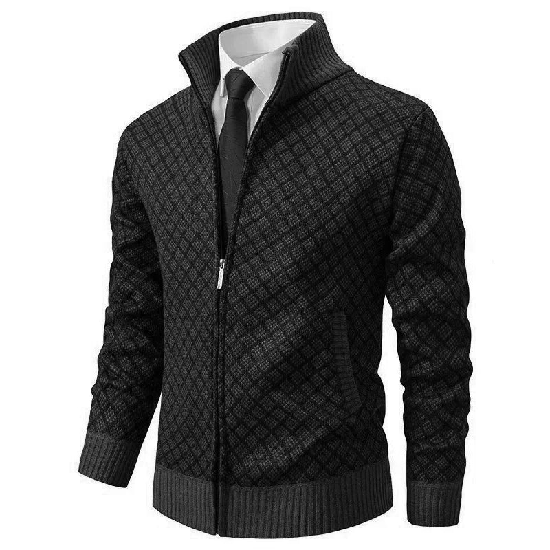 Geometric Zip-Front Knit Cardigan Sweater