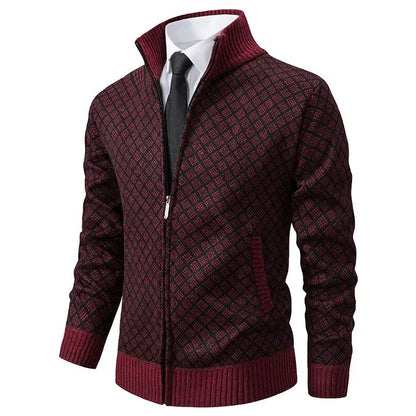 Geometric Zip-Front Knit Cardigan Sweater
