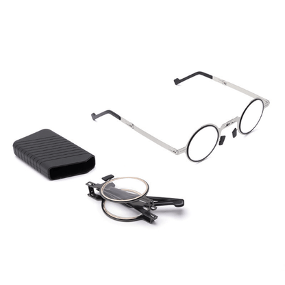 Niki | Titanium Reading Glasses with Blue Light Protection – Foldable and Lightweight, Silver, Round/Square