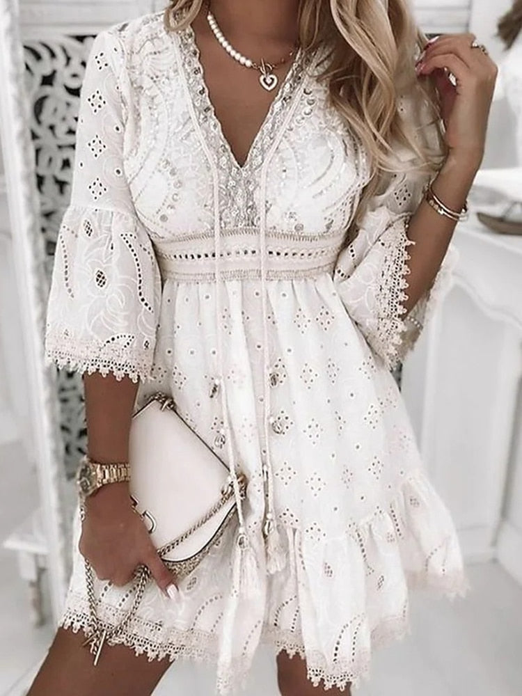 Niki | Boho Eyelet Mini Dress with Flare Sleeves