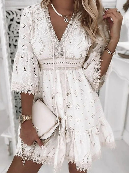 Niki | Boho Eyelet Mini Dress with Flare Sleeves