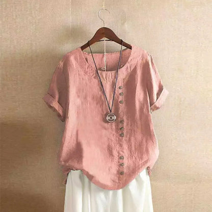 Relaxed Linen Blend Short Sleeve Top with Buttons