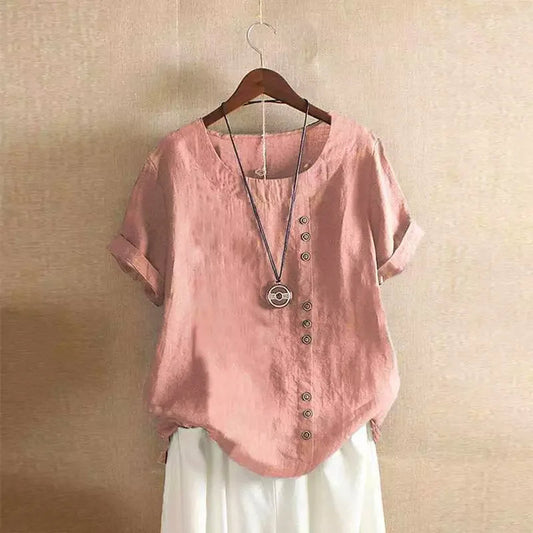 Relaxed Linen Blend Short Sleeve Top with Buttons