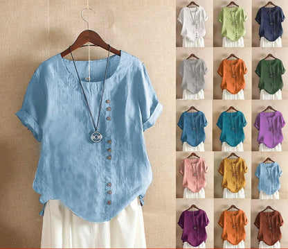 Relaxed Linen Blend Short Sleeve Top with Buttons