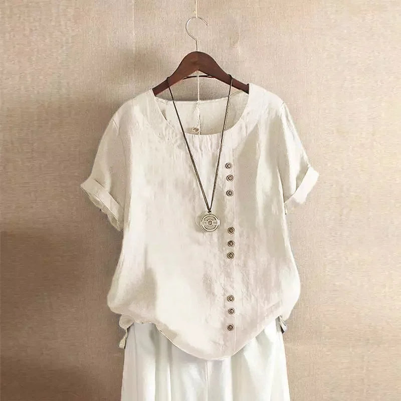 Relaxed Linen Blend Short Sleeve Top with Buttons
