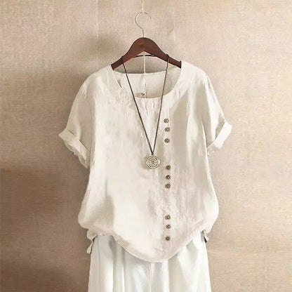 Relaxed Linen Blend Short Sleeve Top with Buttons