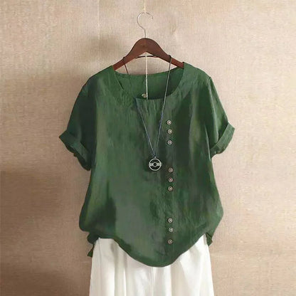Relaxed Linen Blend Short Sleeve Top with Buttons