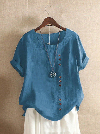Relaxed Linen Blend Short Sleeve Top with Buttons