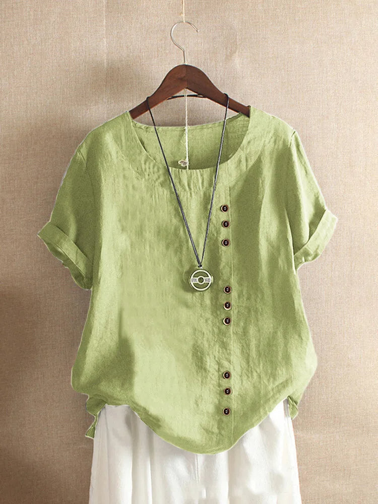 Relaxed Linen Blend Short Sleeve Top with Buttons