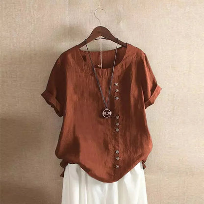 Relaxed Linen Blend Short Sleeve Top with Buttons
