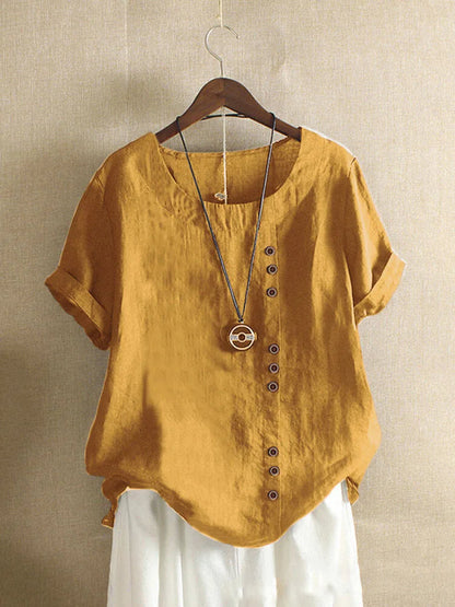 Relaxed Linen Blend Short Sleeve Top with Buttons
