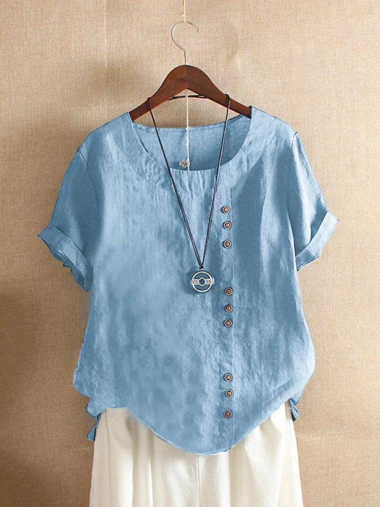 Relaxed Linen Blend Short Sleeve Top with Buttons