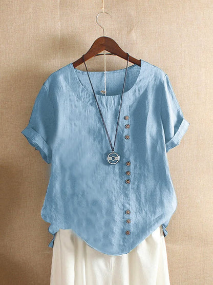 Relaxed Linen Blend Short Sleeve Top with Buttons